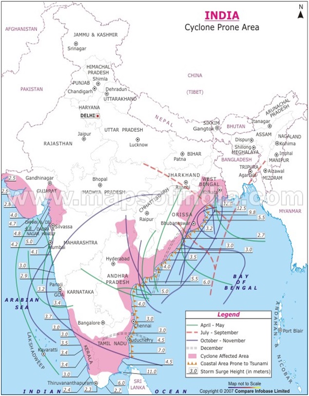 Map showing Coastal Areas of India affected by Cyclones